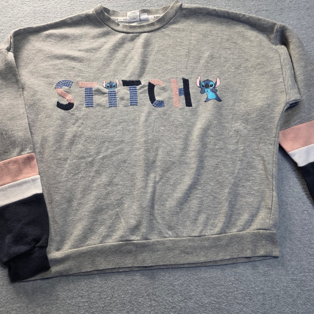 Disney Lilo & Stitch Gray Embroidered Sweatshirt Womens Large Colorblock Sleeve